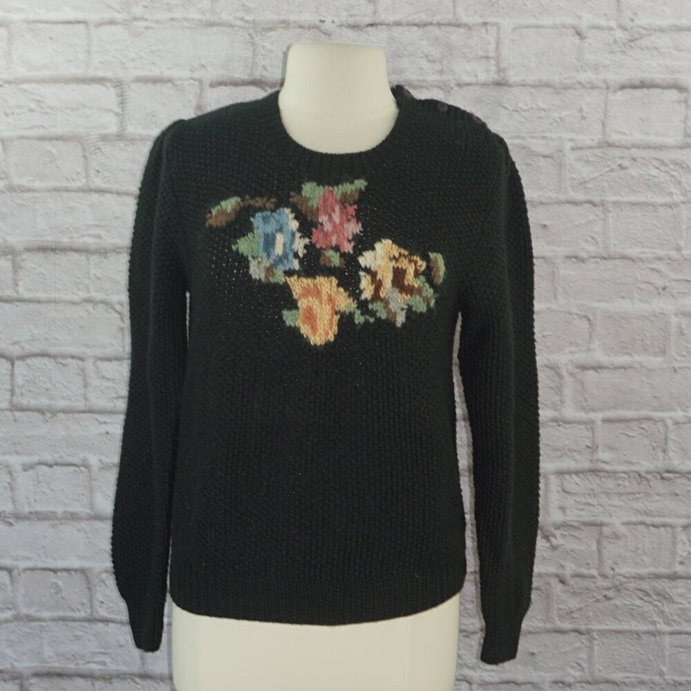Vintage 80s Wool Floral Intarsia Hand Knit Sweater